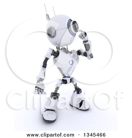 Clipart of a 3d Futuristic Robot Thinking, on a Shaded White Background - Royalty Free Illustration by KJ Pargeter