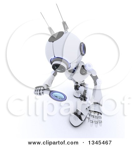 Clipart of a 3d Futuristic Robot Looking down and Searching with a Magnifying Glass, on a Shaded White Background - Royalty Free Illustration by KJ Pargeter