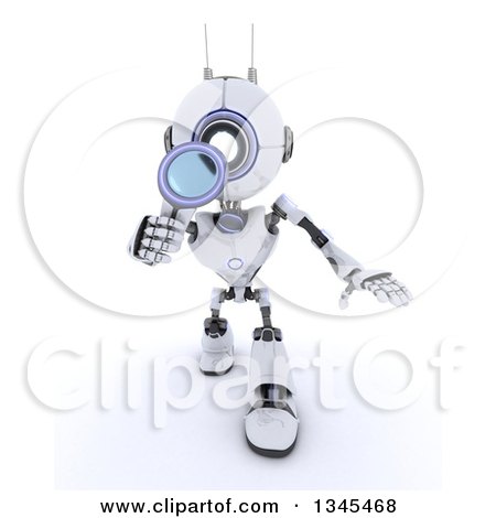 Clipart of a 3d Futuristic Robot Searching with a Magnifying Glass, on a Shaded White Background - Royalty Free Illustration by KJ Pargeter