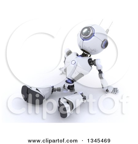 Clipart of a 3d Futuristic Robot Sitting on the Ground, Leaning Back and Looking Upwards, on a Shaded White Background - Royalty Free Illustration by KJ Pargeter