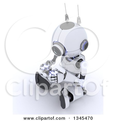Clipart of a 3d Futuristic Robot Playing a Video Game, on a Shaded White Background - Royalty Free Illustration by KJ Pargeter