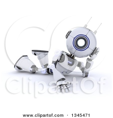 Clipart of a 3d Futuristic Robot Resting on the Floor, on a Shaded White Background - Royalty Free Illustration by KJ Pargeter