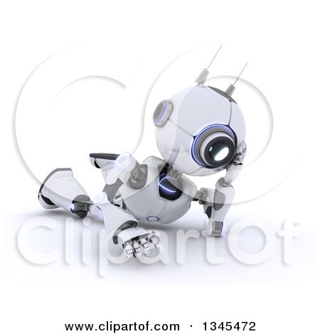 Clipart of a 3d Futuristic Robot Thinking and Resting on the Floor, on a Shaded White Background - Royalty Free Illustration by KJ Pargeter