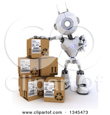 Clipart of a 3d Futuristic Robot Presenting by Boxes, on a Shaded White Background - Royalty Free Illustration by KJ Pargeter