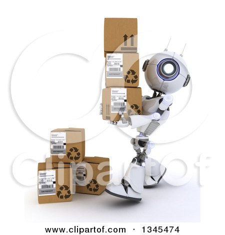 Clipart of a 3d Futuristic Robot Carrying Boxes, on a Shaded White Background - Royalty Free Illustration by KJ Pargeter