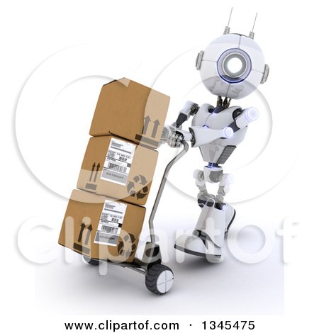Clipart of a 3d Futuristic Robot Moving Boxes on a Dolly, on a Shaded White Background - Royalty Free Illustration by KJ Pargeter