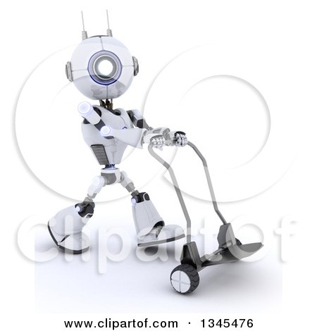 Clipart of a 3d Futuristic Robot Walking with a Dolly, on a Shaded White Background - Royalty Free Illustration by KJ Pargeter