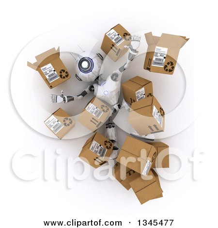 Clipart of a 3d Futuristic Robot Falling and Surrounded by Boxes, on a Shaded White Background - Royalty Free Illustration by KJ Pargeter