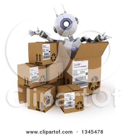 Clipart of a 3d Futuristic Robot Popping out of a Box, on a Shaded White Background - Royalty Free Illustration by KJ Pargeter