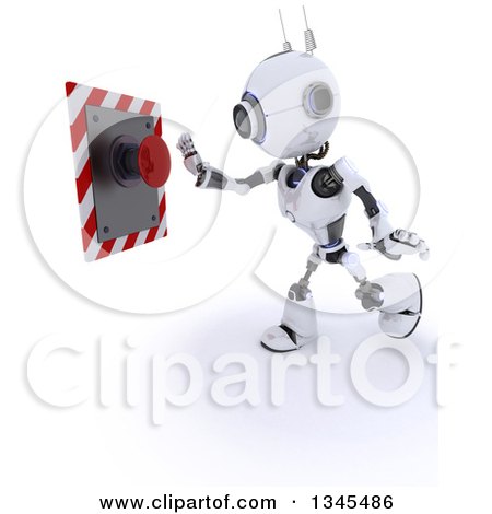 Clipart of a 3d Futuristic Robot Pushing a Red Button, on a Shaded White Background - Royalty Free Illustration by KJ Pargeter