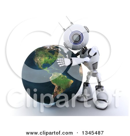Clipart of a 3d Futuristic Robot Hugging Planet Earth, on a Shaded White Background - Royalty Free Illustration by KJ Pargeter