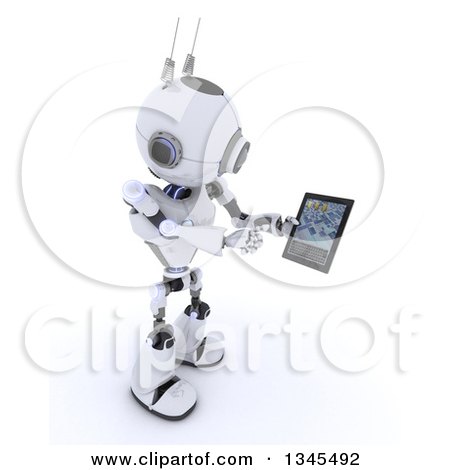 Clipart of a 3d Futuristic Robot Holding a Tablet Computer, on a Shaded White Background - Royalty Free Illustration by KJ Pargeter