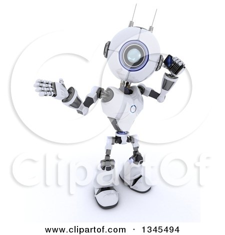 Clipart of a 3d Futuristic Robot Talking on a Cell Phone, on a Shaded White Background - Royalty Free Illustration by KJ Pargeter