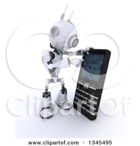 Clipart of a 3d Futuristic Robot Using a Giant Cell Phone, on a Shaded White Background - Royalty Free Illustration by KJ Pargeter