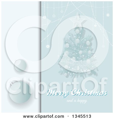 Clipart of a Christmas Invitation with a Tree, Shiny Baubles, Text and Copy Space in Blue Tones - Royalty Free Vector Illustration by elaineitalia