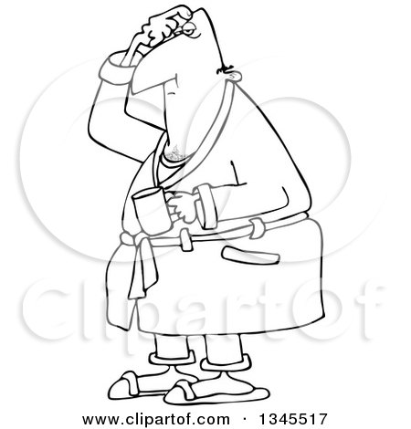Outline Clipart of a Cartoon Black and White Chubby Man in His Robe, Scratching His Head and Holding a Coffee Mug - Royalty Free Lineart Vector Illustration by djart