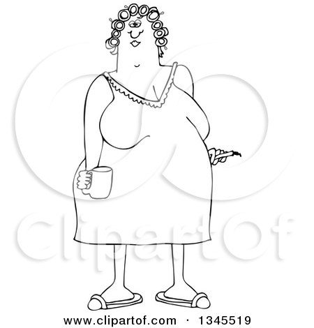 Outline Clipart of a Cartoon Black and White Chubby Woman in a Night Gown, Her Hair in Curlers, Smoking a Cigarette and Holding a Coffee Mug - Royalty Free Lineart Vector Illustration by djart