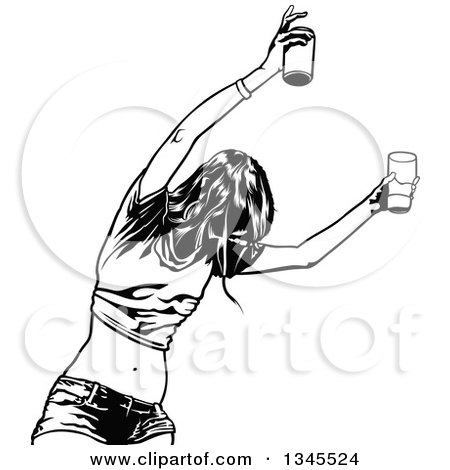 Clipart of a Black and White Party Woman Holding up Drinks and Dancing - Royalty Free Vector Illustration by dero