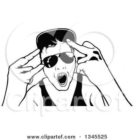 Clipart of a Black and White Dancing Young Man Wearing Sunglasses and Doing Hand Gestures at a Party - Royalty Free Vector Illustration by dero