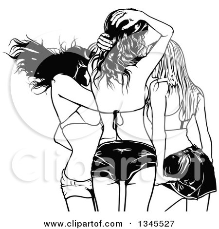 Clipart of a Group of Black and White Party Women, Rear View - Royalty Free Vector Illustration by dero