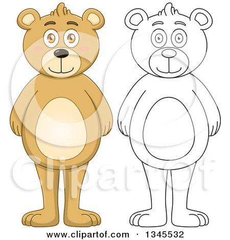 Clipart of Cartoon Colored and Black and White Outline Standing Teddy Bears - Royalty Free Vector Illustration by Liron Peer