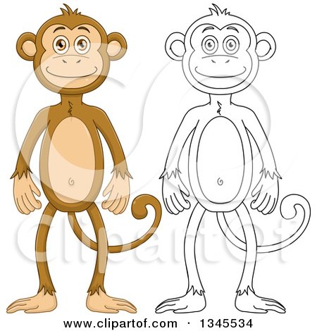 Clipart of Cartoon Colored and Black and White Outline Standing Monkeys - Royalty Free Vector Illustration by Liron Peer