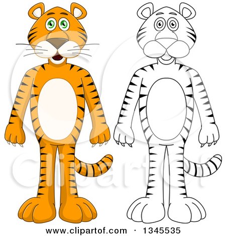 Clipart of Cartoon Colored and Black and White Outline Standing Tigers - Royalty Free Vector Illustration by Liron Peer