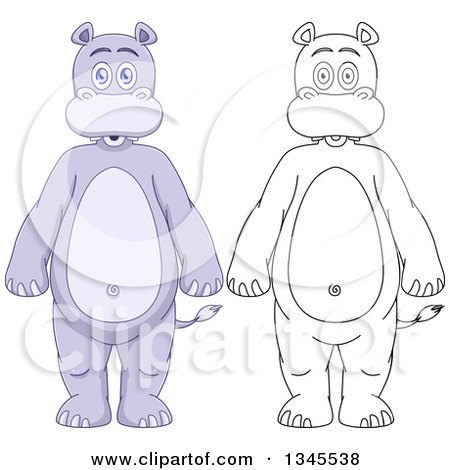 Clipart of Cartoon Colored and Black and White Outline Standing Hippos - Royalty Free Vector Illustration by Liron Peer