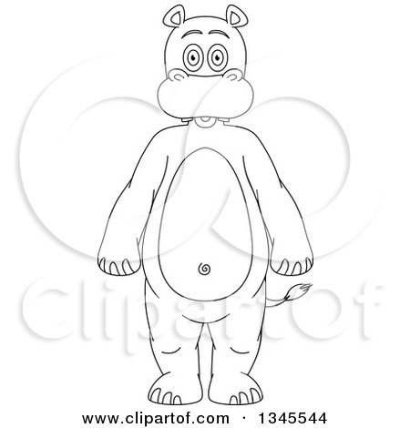 Clipart of a Cartoon Black and White Outline Standing Hippo - Royalty Free Vector Illustration by Liron Peer