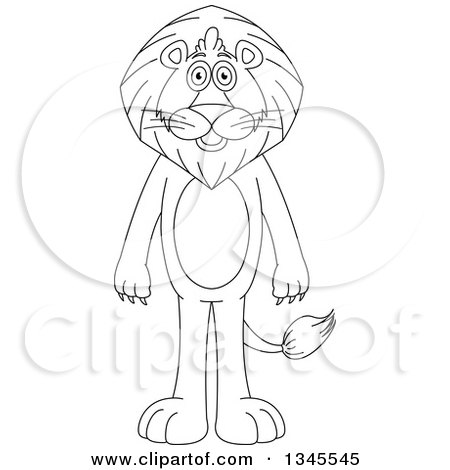 Clipart of a Cartoon Black and White Outline Standing Male Lion - Royalty Free Vector Illustration by Liron Peer