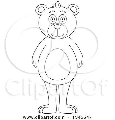Clipart of a Cartoon Black and White Outline Standing Teddy Bear - Royalty Free Vector Illustration by Liron Peer