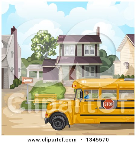 Clipart of a School Bus in Front of a House - Royalty Free Vector Illustration by merlinul