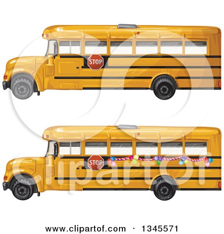 Clipart of Profiled Yellow School Buses, One with Party Balloons - Royalty Free Vector Illustration by merlinul