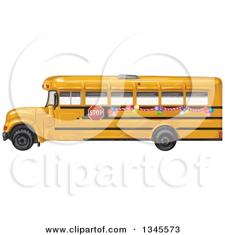 Clipart of a Profiled Yellow School Bus with Party Balloons - Royalty Free Vector Illustration by merlinul