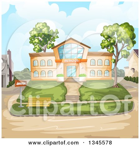 Clipart of a Bus Stop in Front of a School Building - Royalty Free Vector Illustration by merlinul