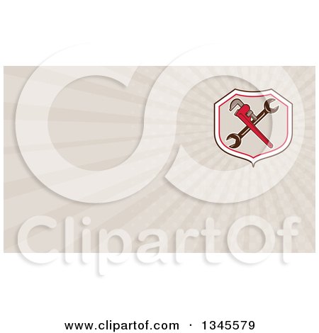 Clipart of a Retro Crossed Spanner and Monkey Wrenches in a Shield and Rays Background or Business Card Design - Royalty Free Illustration by patrimonio