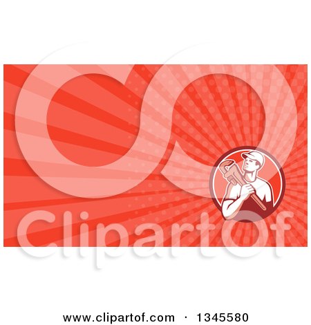 Clipart of a Retro Male Plumber Holding a Monkey Wrench in a Circle and Red Rays Background or Business Card Design - Royalty Free Illustration by patrimonio
