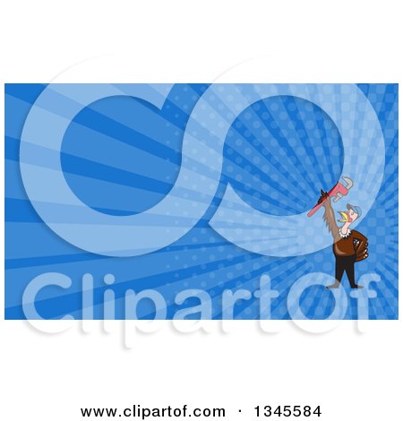 Clipart of a Cartoon Turkey Bird Plumber Worker Man Wearing a Baseball Cap and Holding up a Monkey Wrench and Blue Rays Background or Business Card Design - Royalty Free Illustration by patrimonio