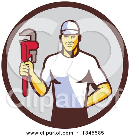 Clipart of a Retro Caucasian Male Plumber Holding a Monkey Wrench in a Brown and Gray Circle - Royalty Free Vector Illustration by patrimonio