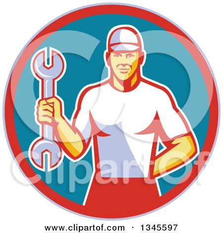Clipart of a Retro White Male Mechanic Holding a Wrench in a Circle - Royalty Free Vector Illustration by patrimonio