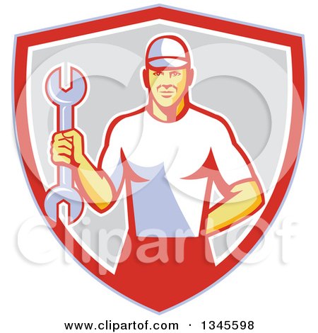 Clipart of a Retro White Male Mechanic Holding a Wrench in a Shield - Royalty Free Vector Illustration by patrimonio