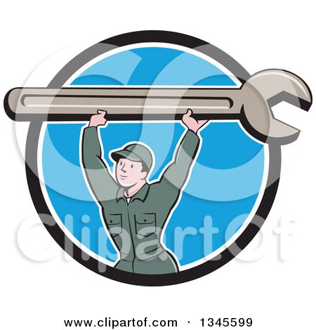 Clipart of a Cartoon Proud White Male Mechanic Lifting a Giant Wrench over His Head in a Black White and Blue Circle - Royalty Free Vector Illustration by patrimonio