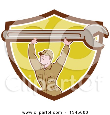 Clipart of a Cartoon Proud White Male Mechanic Lifting a Giant Wrench over His Head in a Brown White and Yellow Shield - Royalty Free Vector Illustration by patrimonio
