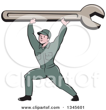 Clipart of a Cartoon Proud White Male Mechanic Lifting a Giant Wrench over His Head - Royalty Free Vector Illustration by patrimonio