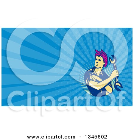 Clipart of a Retro Female Auto Mechanic Flexing and Holding a Wrench and Blue Rays Background or Business Card Design - Royalty Free Illustration by patrimonio