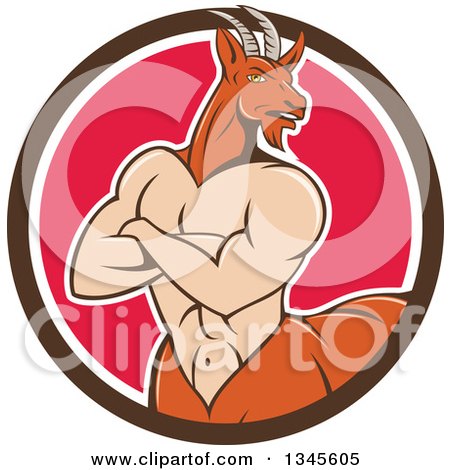 Clipart of a Cartoon Pan Faun with Folded Arms in a Brown White and Pink Circle - Royalty Free Vector Illustration by patrimonio