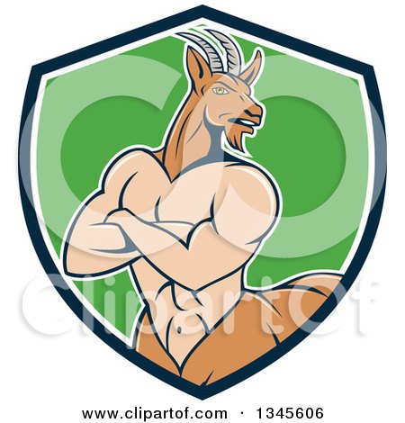 Clipart of a Cartoon Pan Faun with Folded Arms in a Blue White and Green Shield - Royalty Free Vector Illustration by patrimonio