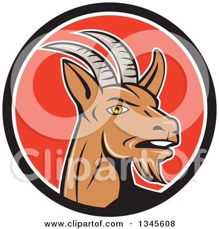 Clipart of a Cartoon Mountain Goat in a Black White and Red Circle - Royalty Free Vector Illustration by patrimonio