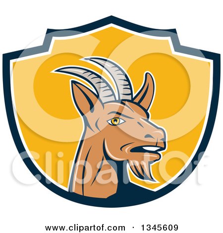Clipart of a Cartoon Mountain Goat in a Navy Blue White and Yellow Shield - Royalty Free Vector Illustration by patrimonio
