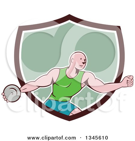 Clipart of a Retro Cartoon Bald Male Athlete Throwing a Discus, Emerging from a Brown White and Green Shield - Royalty Free Vector Illustration by patrimonio